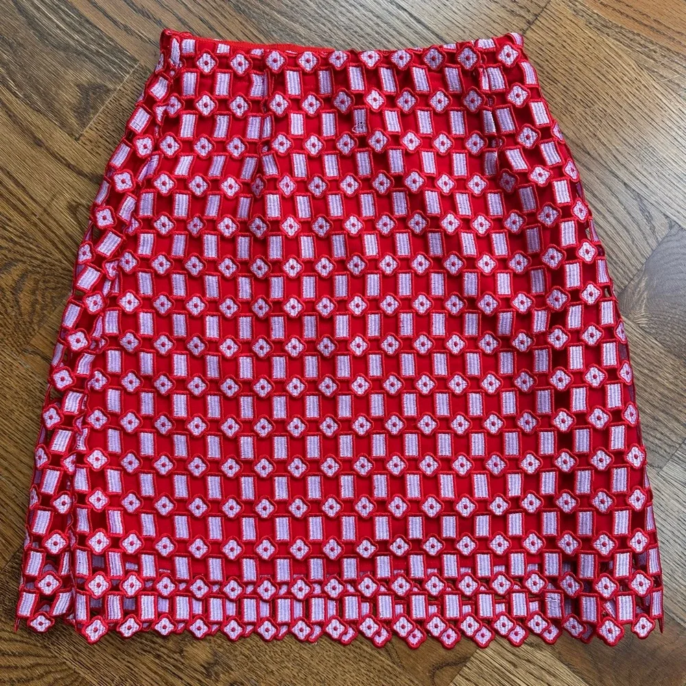 Sandro Paris Red Embroidered Lace Mini Skirt Size 0 EU 34 Luxury Statement - Picture 2 of 13
